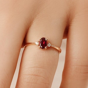 14K Solid Gold Oval Ruby Diamond Ring, July Birthstone Tapered Engagement Band
