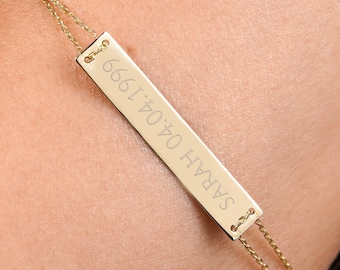14k Solid Gold Custom Name Bar Bracelet, Personalized Jewelry