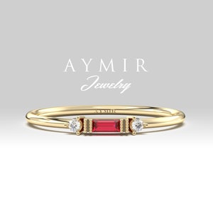Baguette Ruby & Round Diamonds Ring, Baguette Ruby Ring, 14K Solid Gold Ruby Baguette Ring, Handmade Jewelry, Dainty Ruby Gold Ring