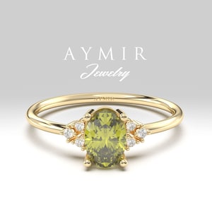 14K Gold Peridot and Diamond Ring | Oval Peridot White Gold Ring | August Birthstone Dainty Ring | 8K 14K 18K Gold Ring | Birthday Gift