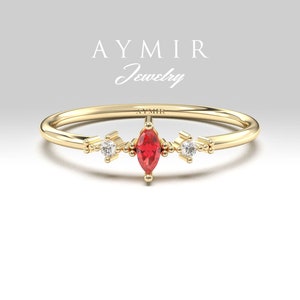 14K Solid Gold Marquise Ruby Diamond Ring, Minimalist Delicate Band, July Birthstone Gift