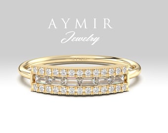 14K Solid Gold Baguette Diamond Cluster Ring, Vintage Promise Ring