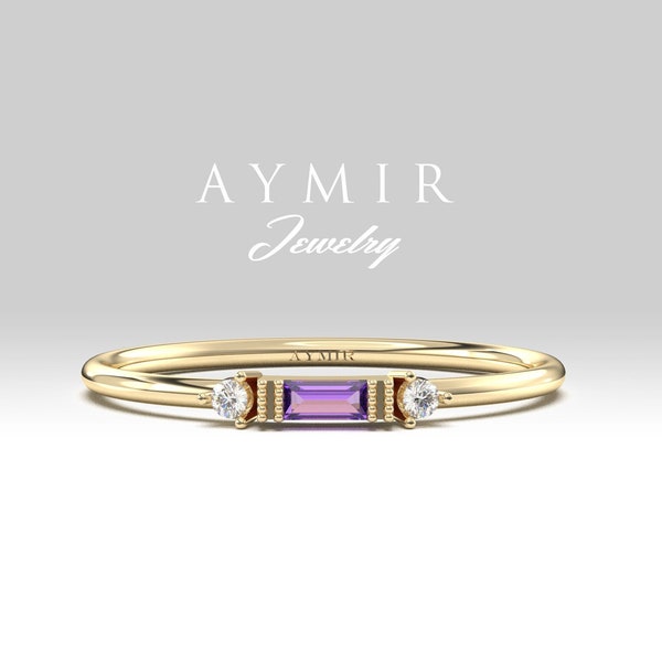 14K Solid Gold Amethyst Ring, Diamond Baguette Gold Ring, Minimalist Amethyst Ring, Unique Amethyst Ring, Dainty Band Ring, Birthday Gift