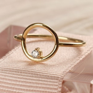 Circle Diamond Ring, 14k Gold Open Circle Ring, Minimalist Solitaire Ring, Stacking Ring, Anniversary Ring, Diamond Rings, Mothers Day Sale