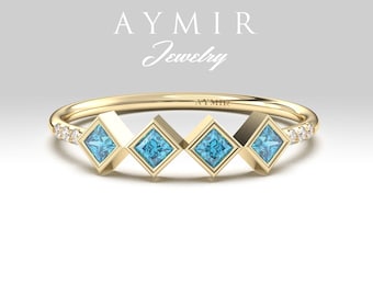 14K Gold Blue Topaz Diamond Ring, December Birthstone Handmade Jewelry