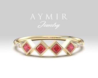 14Kソリッドゴールドルビーダイヤモンドリング、ベゼルセット、エブリデイバンド