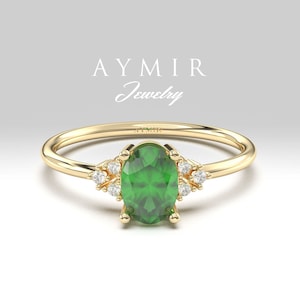 14k Solid Gold Emerald Ring | Diamond Engagement Ring Women | May Birthstone Ring | Dainty Anniversary Ring | Anxiety Ring | Birthday Gift