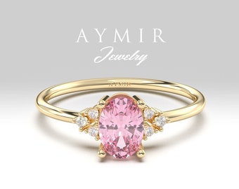 14k massief gouden roze topaas diamanten ring | Ovale verlovingsring voor dames | Oktober Birthstone jubileumring | Sierlijke roze edelsteenring