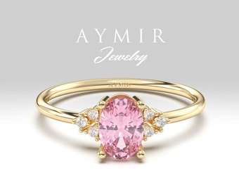 Anillo de diamantes de topacio rosa de oro macizo de 14k / Anillo de compromiso ovalado para mujer / Anillo de aniversario de piedra de nacimiento de octubre / Anillo de piedra preciosa rosa delicada