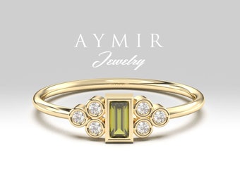 Peridot Diamond Ring, Dainty Peridot Gold Ring, 14K Gold Ring, Baguette Peridot Ring, Handmade Jewelry, August Birthstone, Birthday Gift