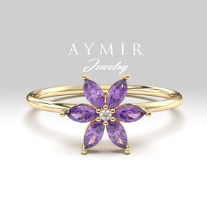 14K Gold Amethyst Flower Ring, Dainty Amethyst Ring, February Birthstone Ring, Birthday Gift, Minimalist Ring, Tiny Ring, Valentines Day