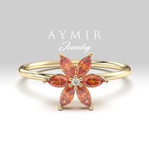 Garnet Flower Gold Ring, Dainty Garnet Ring, January Birthstone Ring, Minimalist Ring, Birthday Gift, 8K 14K 18K Gold Ring, Valentines Day