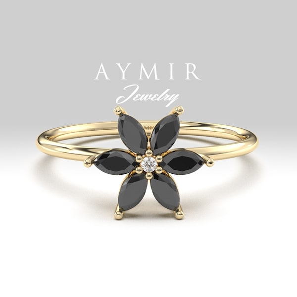 14K Gold Black Onyx Flower Ring, Dainty Black Onyx Ring, December Birthstone Ring, Birthday Gifts, Minimalist Gold Ring, Mothers Day Gift