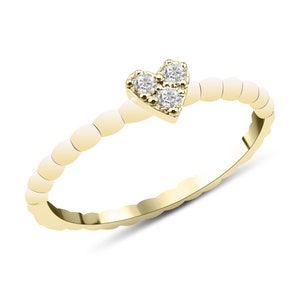 14K solid gold heart diamond ring with three round diamonds in heart cluster on beaded bubble band, on white background