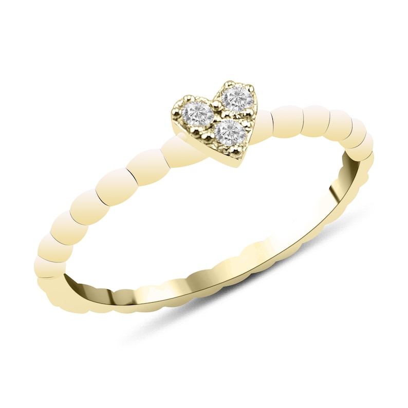 14K solid gold heart diamond ring with three round diamonds in heart cluster on beaded bubble band, on white background
