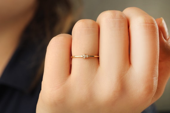 14K Solid Gold Stacking Ring, Diamond Minimalist Ring, Tiny Gold