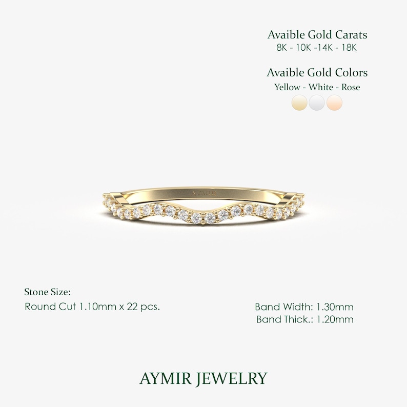 Close-up of 22 diamonds in twisted band formation, 1.10mm round stones following curved wave design in gold wedding band