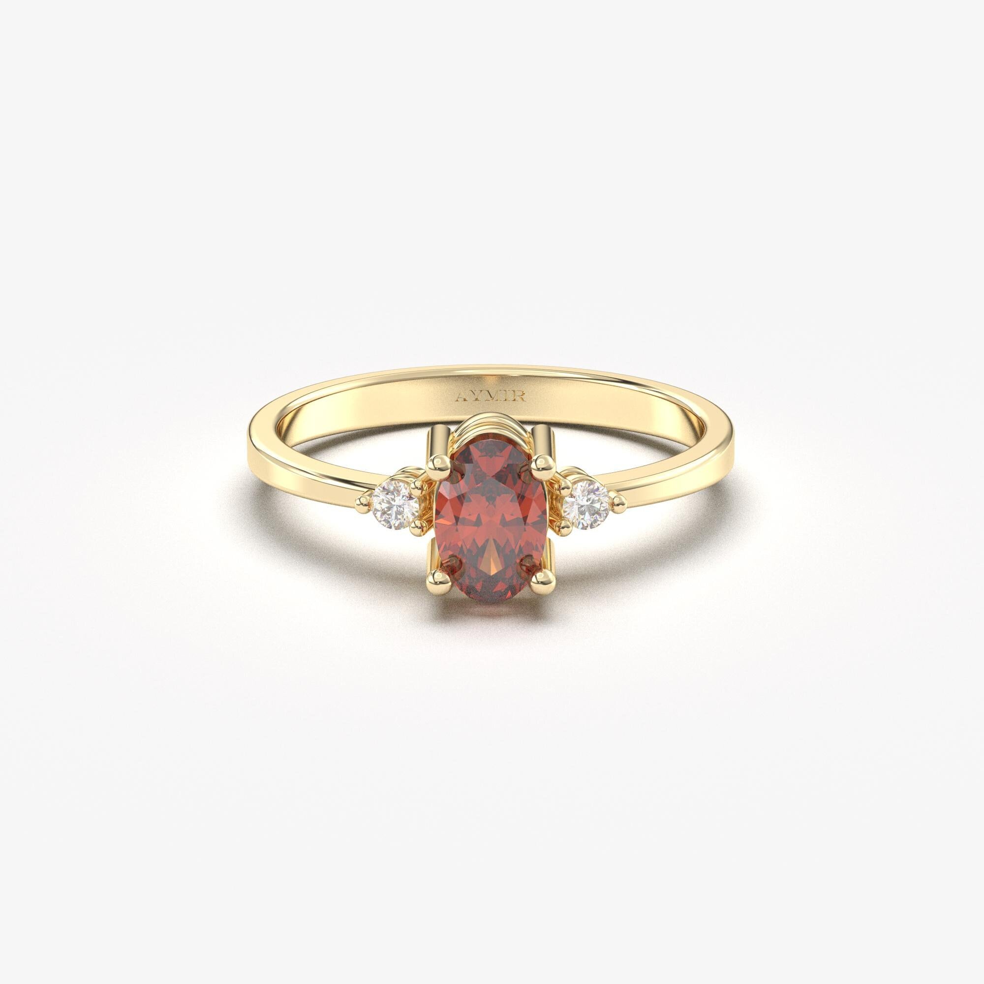 14k Gold Garnet Diamond Ring, Dainty Gold Garnet Engagement Ring, Red Garnet Solitaire Ring, Handmade January Birthstone Ring, Birthday Gift