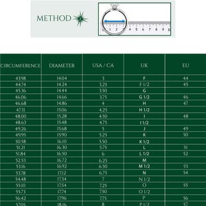 Pu&ograve; includere: Immagine che mostra i metodi per la misurazione degli anelli. Include diagrammi per misurare la dimensione del dito e il diametro dell'anello. Una tabella fornisce circonferenza, diametro in mm, taglie US/CA, UK ed EU.