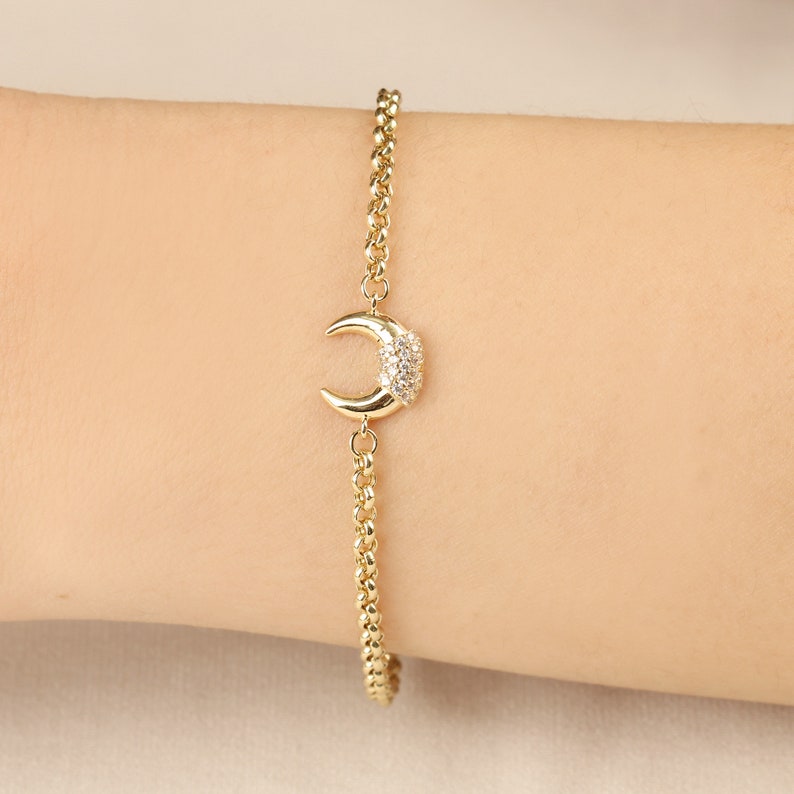 Double Horn Bracelet mothers day gift jewelry Crescent Moon Gold Bracelet Moon Dainty Bracelet 14K Solid Gold Zircon Crown Bracelet