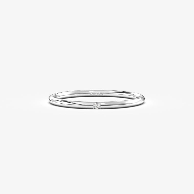 8K Solid Gold Single Diamond Ring, Minimalist Delicate Stackable Band Diamond / 8K White