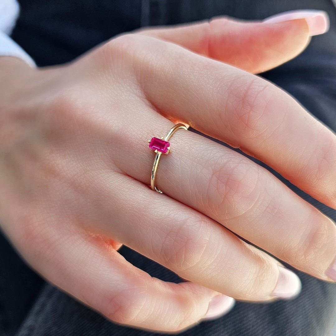 14K Solid Gold Baguette Ruby Ring, Delicate Stackable Band - Etsy