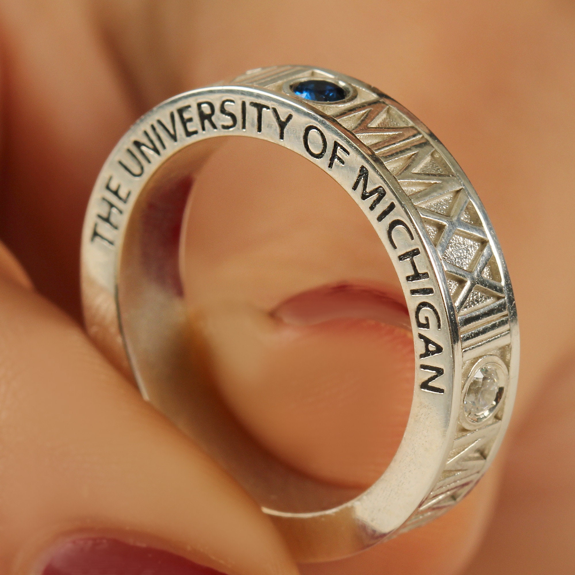 Custom College Class Ring With Gemstone, Personalized Engraved