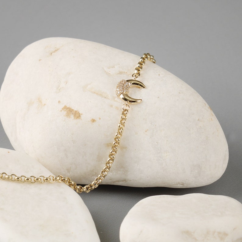 Double Horn Bracelet mothers day gift jewelry Crescent Moon Gold Bracelet Moon Dainty Bracelet 14K Solid Gold Zircon Crown Bracelet