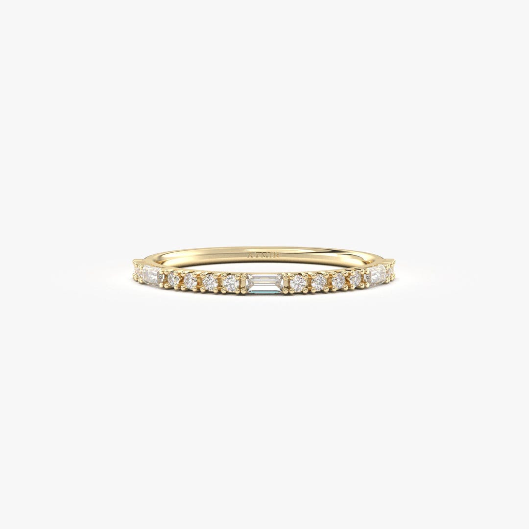 14K Solid Gold Half Eternity Baguette Diamond Ring, Stackable Wedding ...