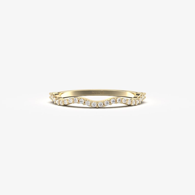 14K solid gold twisted diamond wedding band with 22 round stones in wavy curved design, slim 1.2mm contour stacking ring