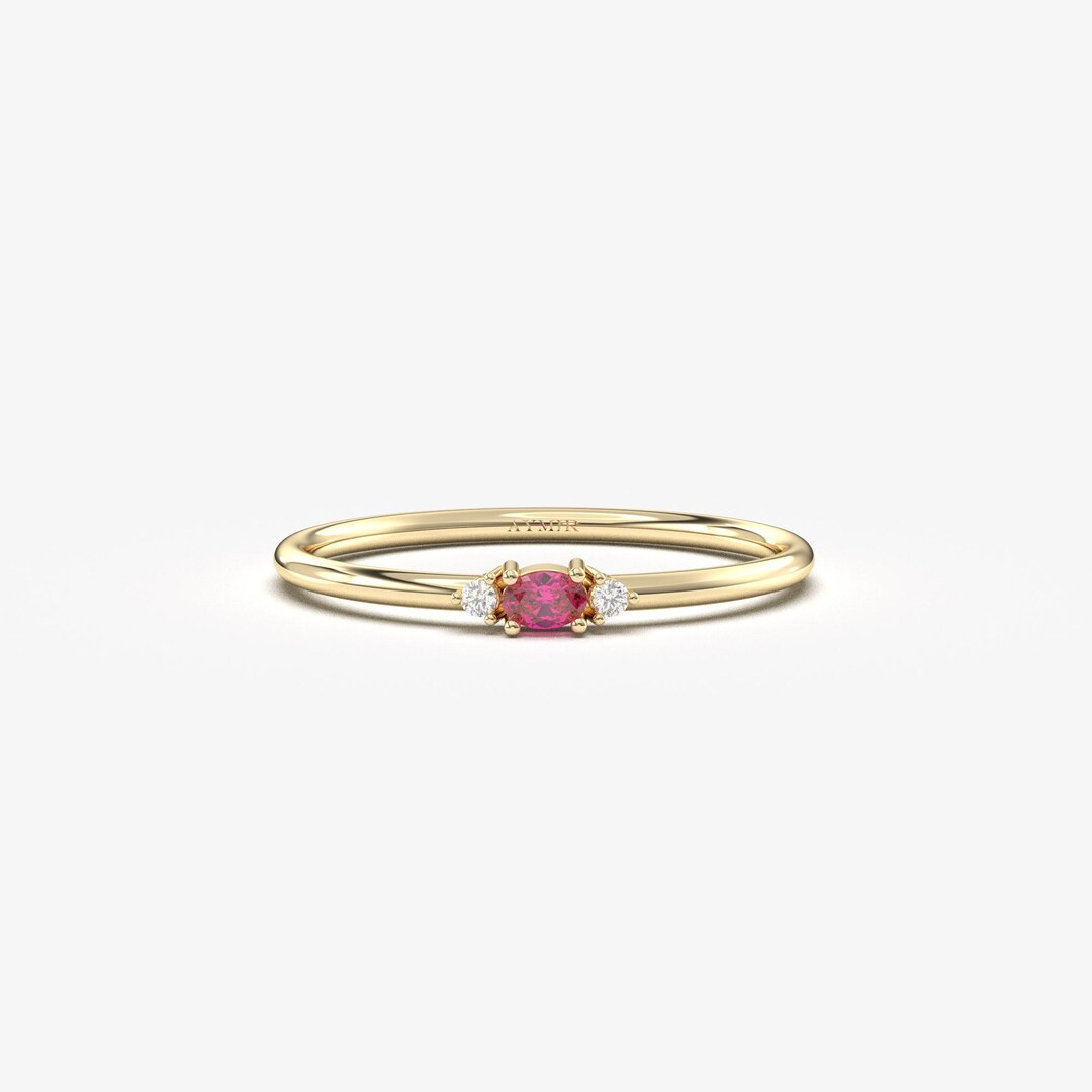 14K Solid Gold Oval Ruby Diamond Ring, July Birthstone Anniversary Band ...