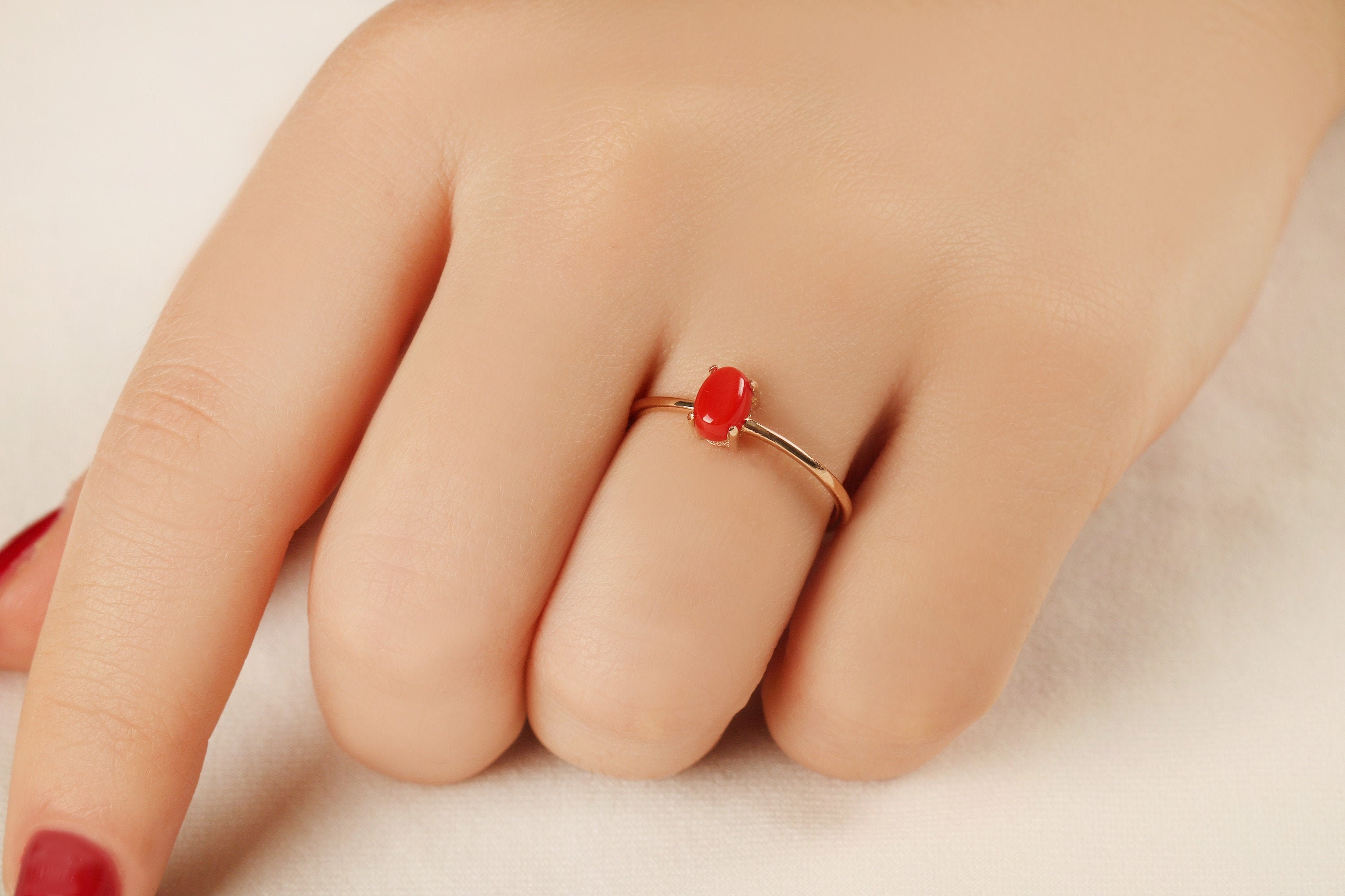 Solitaire Red Coral Ring, 14K Gold Coral Ring, Coral Wedding Rings