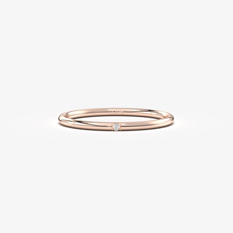 8K Solid Gold Single Diamond Ring, Minimalist Delicate Stackable Band Diamond / 8K Rose