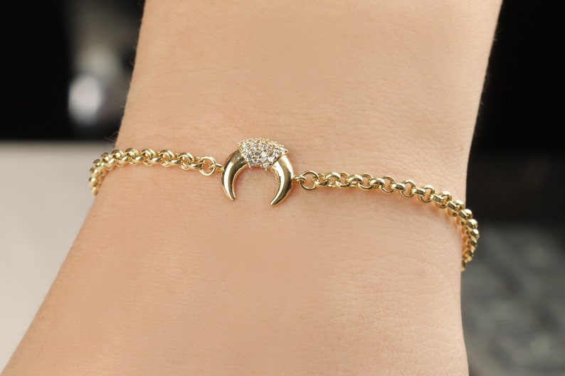 Double Horn Bracelet mothers day gift jewelry Crescent Moon Gold Bracelet Moon Dainty Bracelet 14K Solid Gold Zircon Crown Bracelet