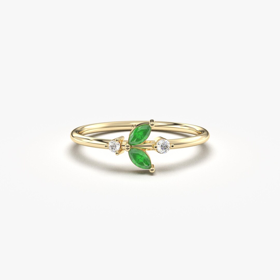 14K Solid Gold Marquise Emerald Diamond Ring, May Birthstone Promise ...