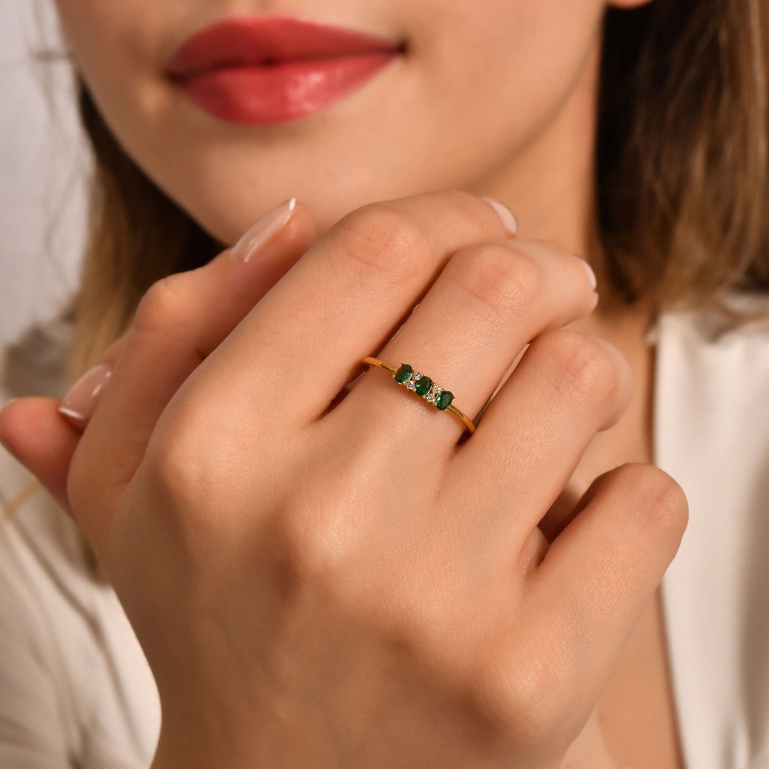 14k Gold Emerald Ring Tiny Diamond Ring Green Promise Ring Ladies