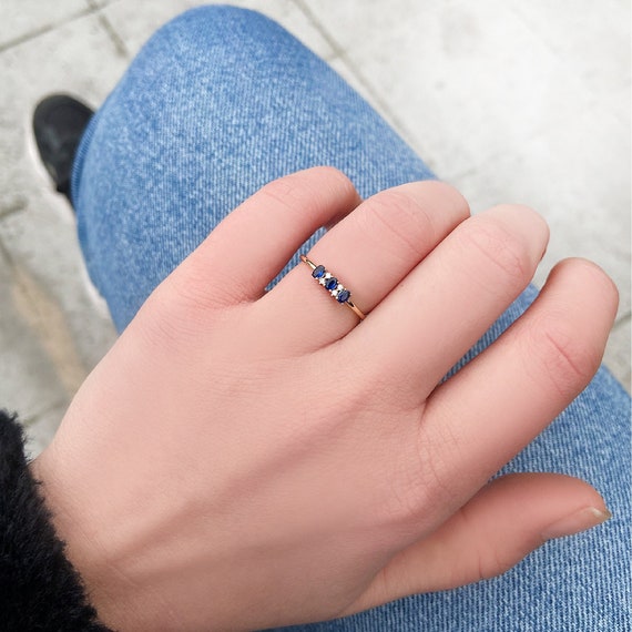 Dainty Diamond Sapphire Ring, Sapphire Gold Ring, Wedding Gold