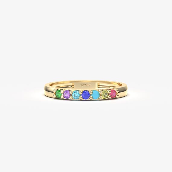 14K Solid Gold Custom Birthstone Ring, Personalized Stone Dainty Family Band