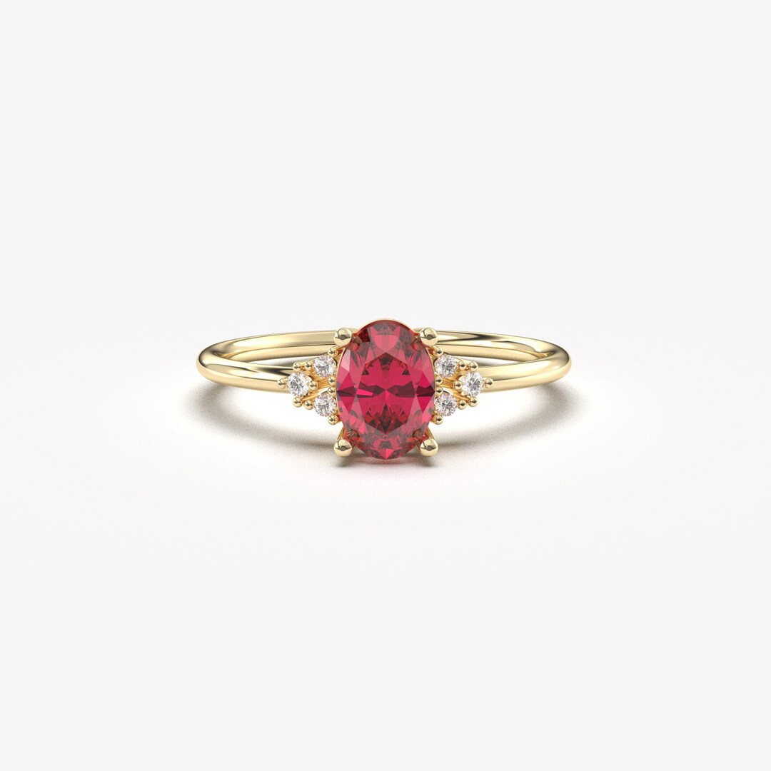 14K Solid Gold Oval Ruby Diamond Ring, July Birthstone Engagement Band ...