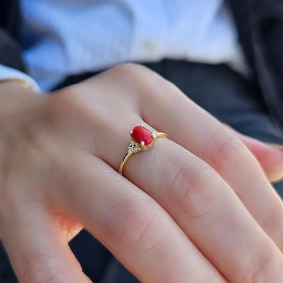 Minimalist Coral Diamond Gold Ring Solid Gold Red Gemstone Ring Daily Use Gold Ring Natural Coral 14K Gold Ring Best Friend Gift Etsy