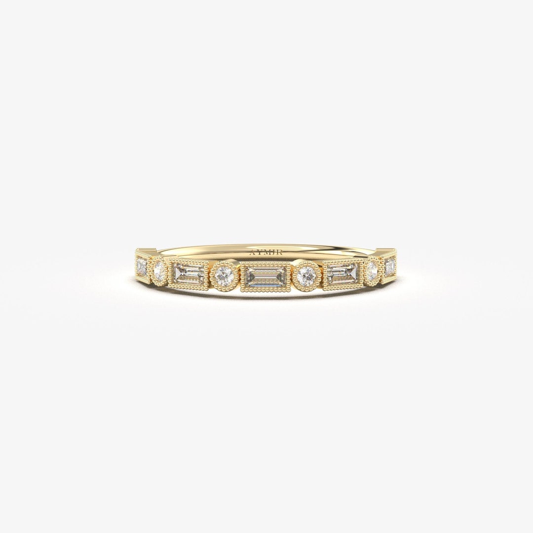 14k Solid Gold Baguette Diamond Ring, Minimalist Half Eternity Band - Etsy