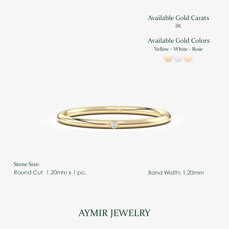 8K Solid Gold Single Diamond Ring, Minimalist Delicate Stackable Band Bild 7