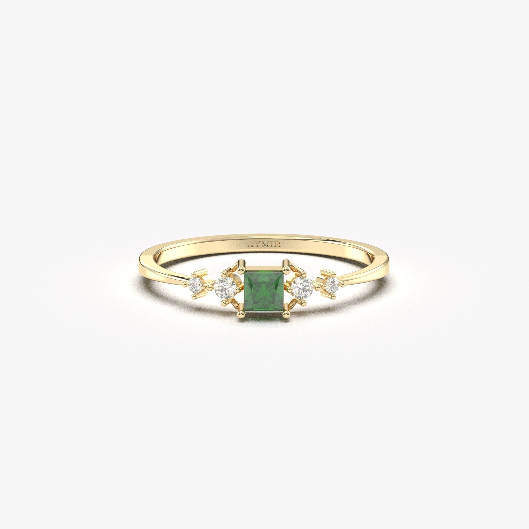 14K Solid Gold Princess Emerald Diamond Ring, May Birthstone Five Stone Tapered Band
