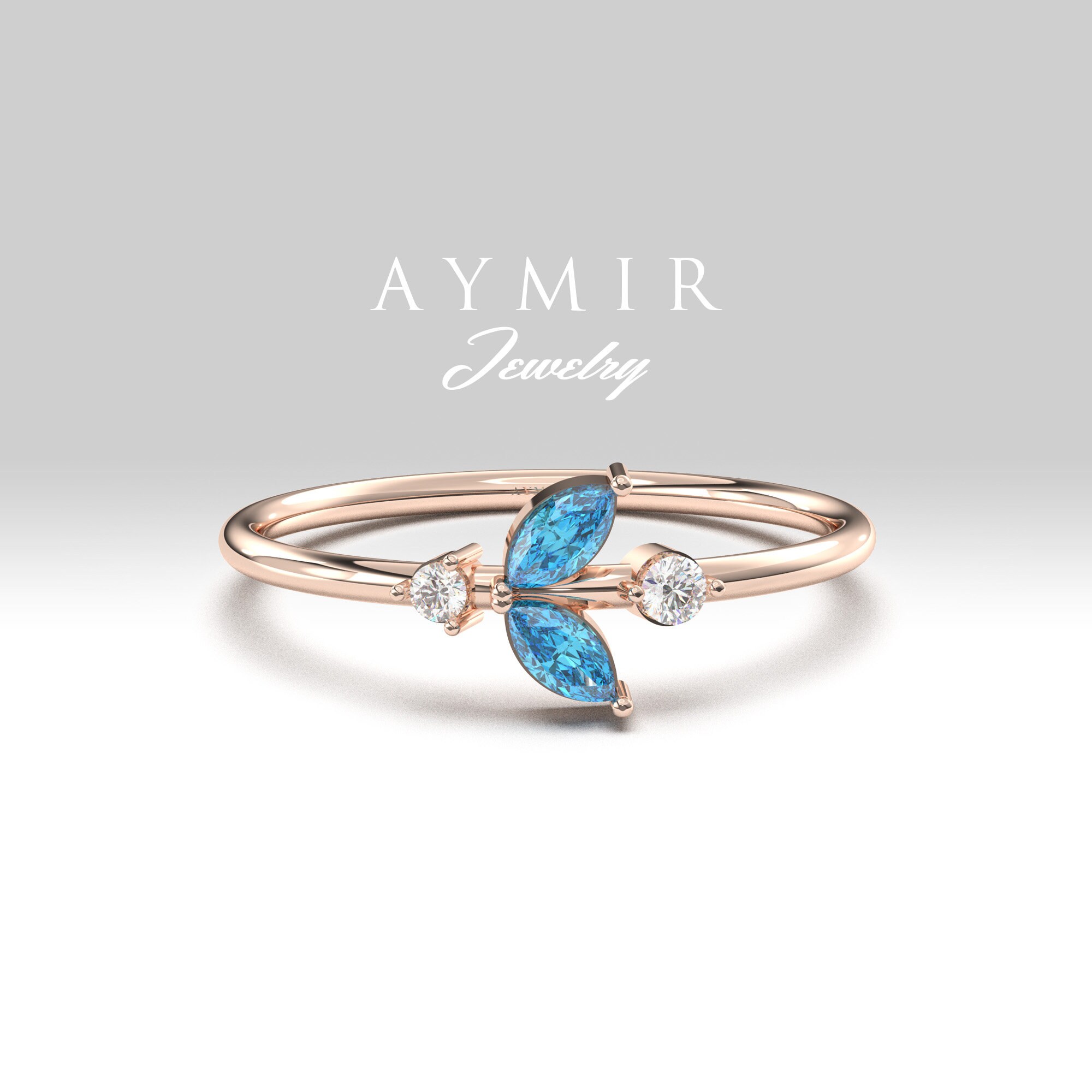 Bague Vintage 14K Or Jaune Topaze Bleu Ciel Diamant Taille 6 - Sculptée Main, Occasion