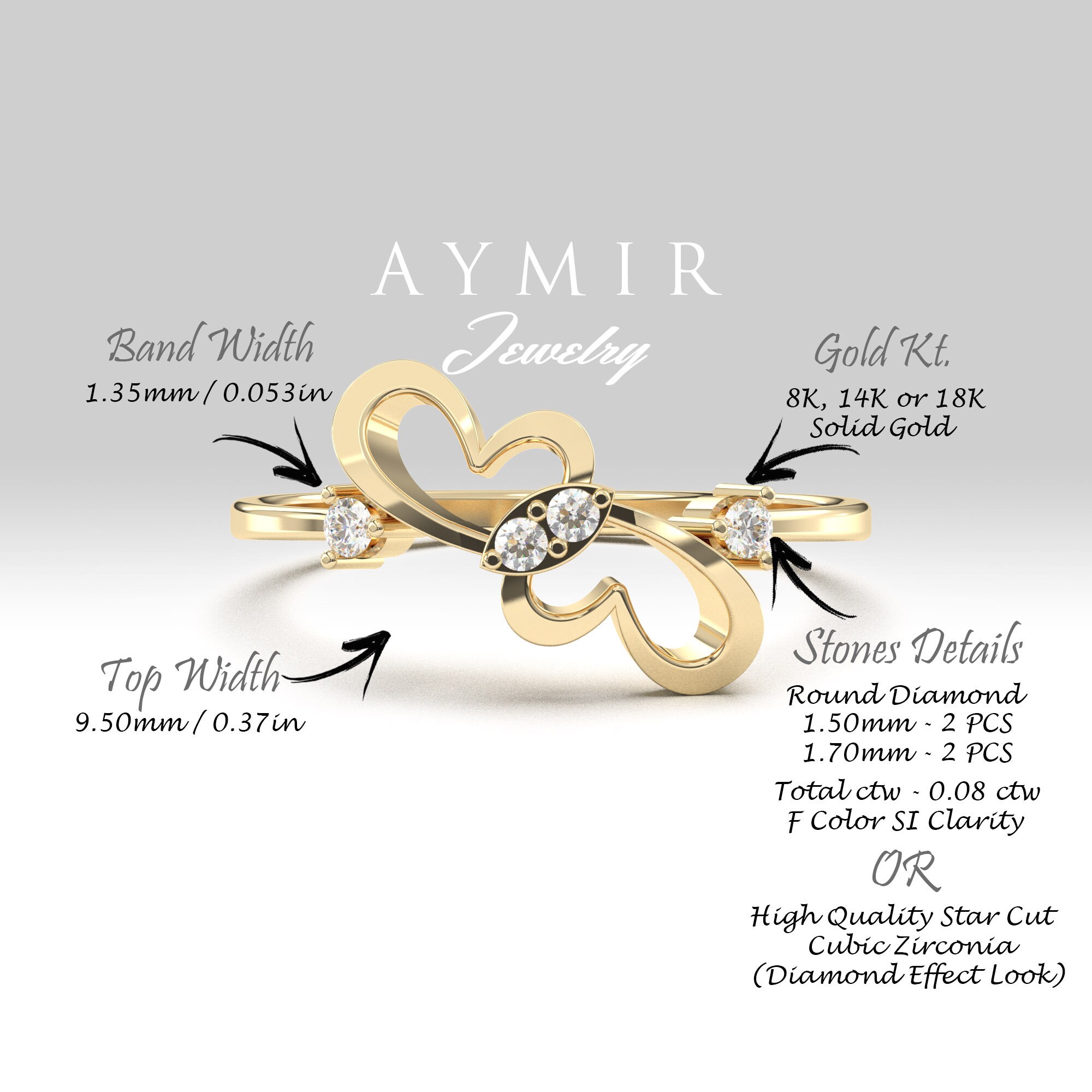 Dainty Diamond Heart Gold Ring 14K Gold Dual Heart Diamond Ring