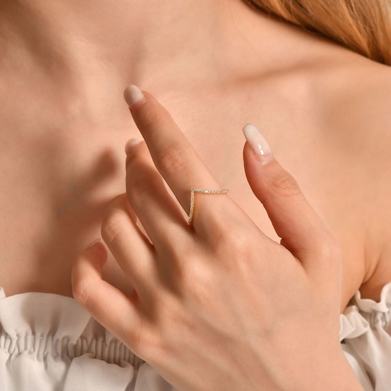 Anillo de oro macizo con diamantes en forma de V anillo de alianza en forma de V anillo de diamantes Chevron joyeria nupcial anillos apilables anillo blanco rosa geometrico Etsy Mexico