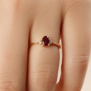 14K Solid Gold Oval Ruby Diamond Ring, July Birthstone Tapered ...