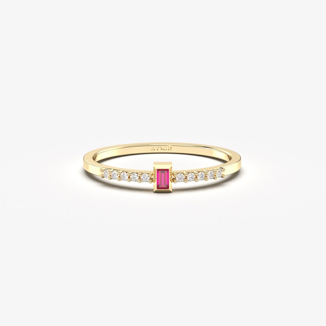 14K Solid Gold Ruby Diamond Ring, Dainty Minimalist Band - Etsy