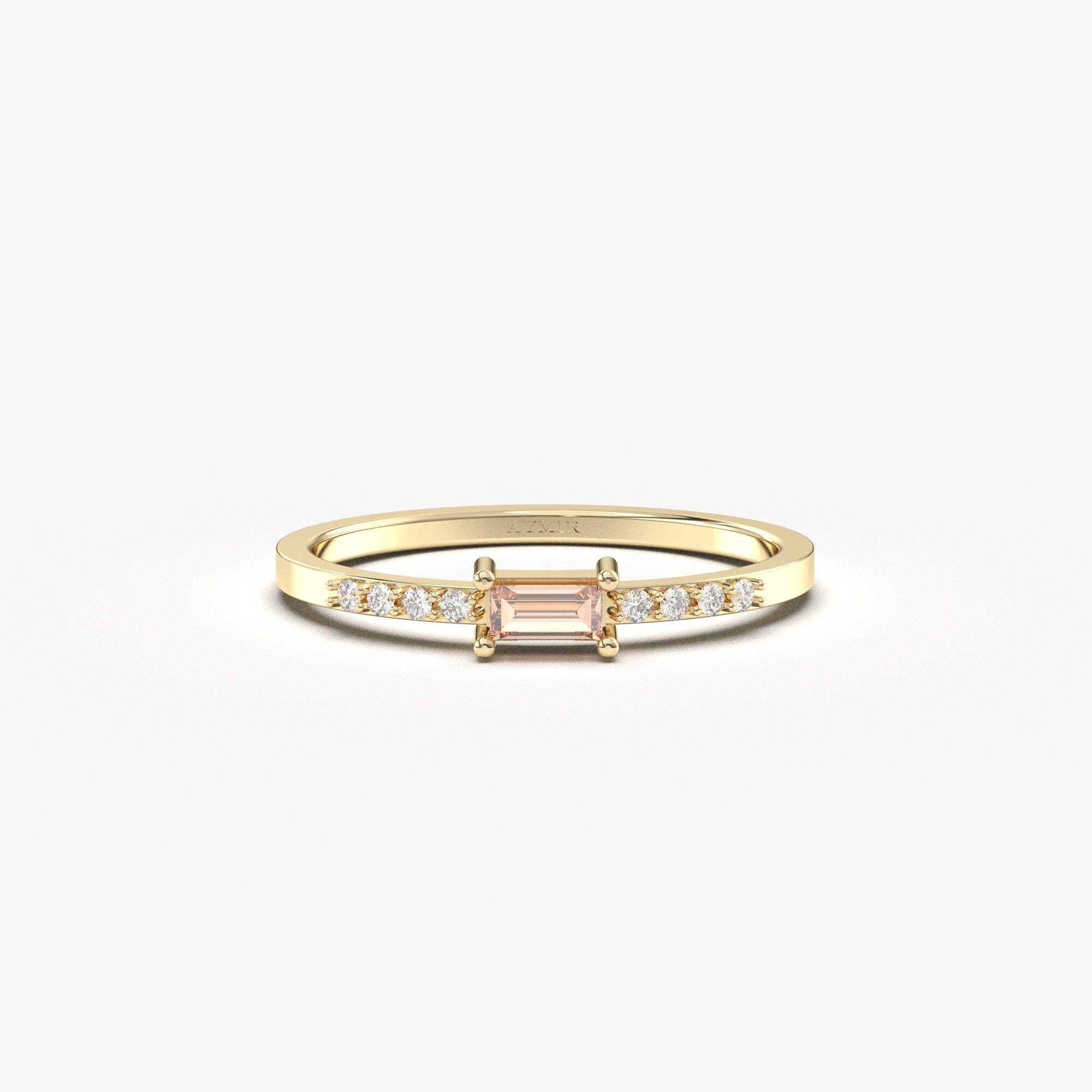 Champagne Topaz and Diamond Ring, 14K Gold Ring, Baguette Rectangle Gemstone Ring, Unique Design Ring, Gift for Girlfriend, Anniversary Gift