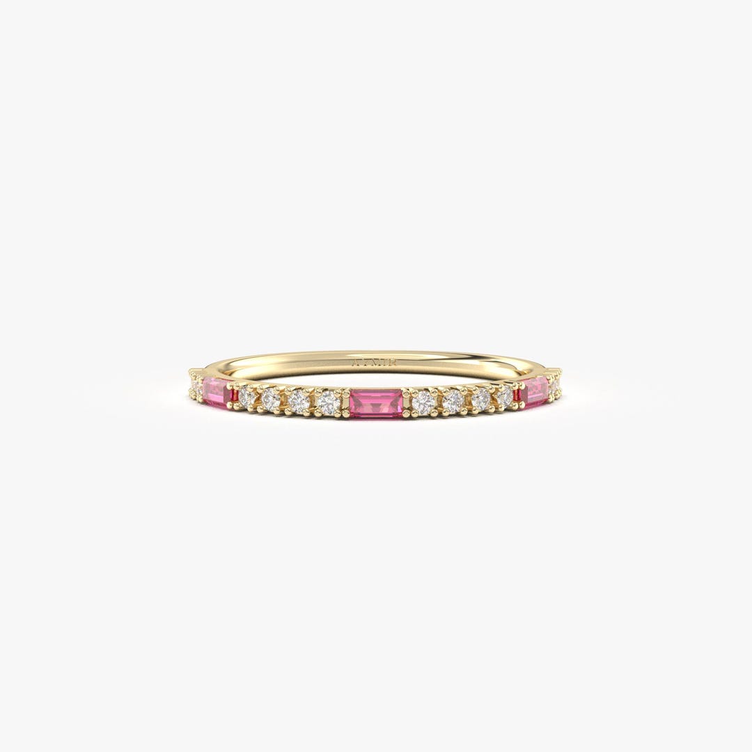 14K Solid Gold Half Eternity Baguette Ruby Ring, Diamond Accents July ...